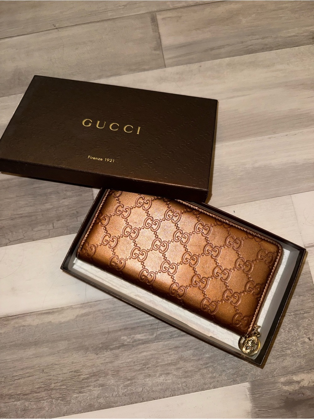 Gucci Metallic Bronze GG Zip Around Wallet with Gold Charm